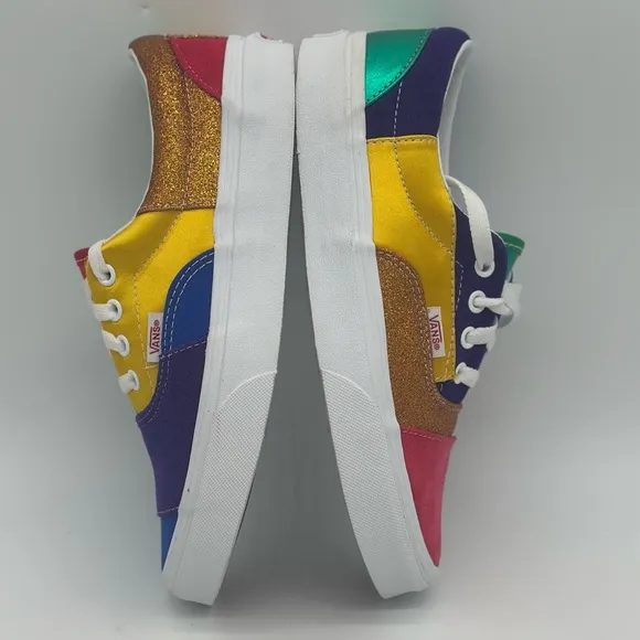 Vans Red and Blue Sneakers with Playful Patchwork Design