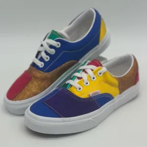 Vans Red and Blue Sneakers with Playful Patchwork Design