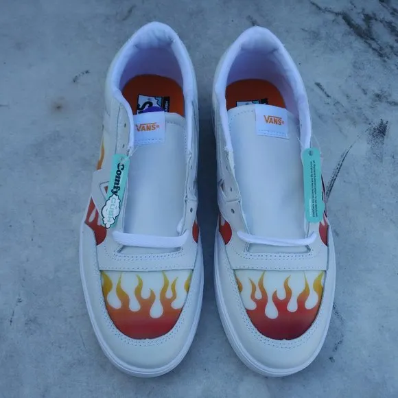 VANS WHITE FIRE FLAME LOWLAND SNEAKERS NEW 7 WOMEN'S SHOES