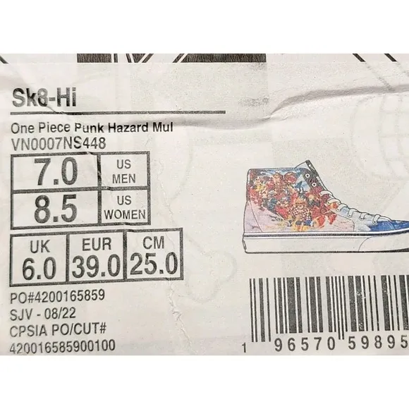 Vans X One Piece Limited Edition SK8 HI Sneakers 'Punk Hazard' Men Size 7 M 8.5w