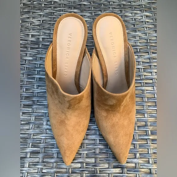 Veronica Beard Pointy Toe Lisa Suede Mule Sandals in Latte, Size 6, NEW