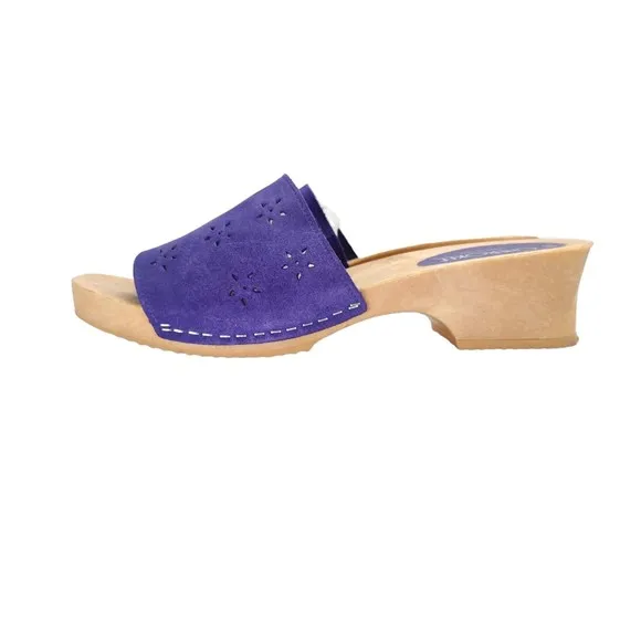 Vintage 80s 90s Purple Suede Clogs Sandals Size 8 Low Heel Shoes Made in Italy