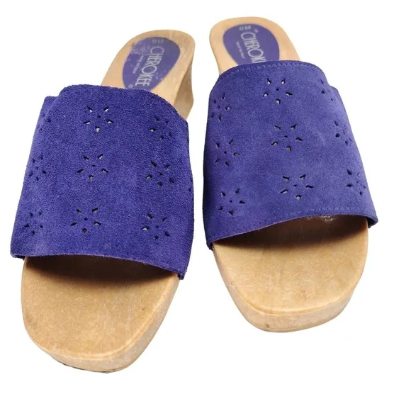 Vintage 80s 90s Purple Suede Clogs Sandals Size 8 Low Heel Shoes Made in Italy