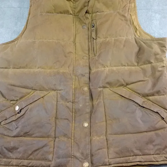 Vintage Orvis Downtek Waxed Coton Goose Puffer Vest Brown Green Mens Sz L