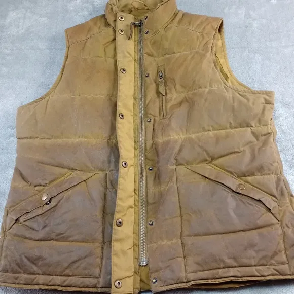 Vintage Orvis Downtek Waxed Coton Goose Puffer Vest Brown Green Mens Sz L