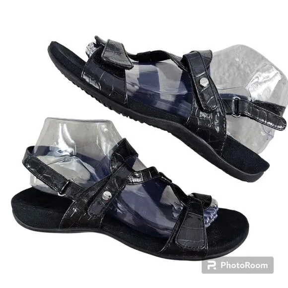 Vionic 342 Paros Black Patent Leather Croc Strappy Sandal Women's Size 8