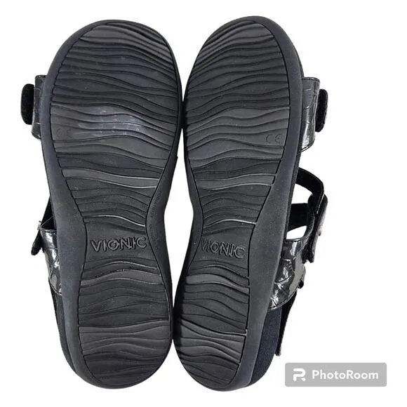 Vionic 342 Paros Black Patent Leather Croc Strappy Sandal Women's Size 8
