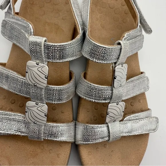 Vionic Amber Sandal Silver Metallic Linen Size 8 Strappy Adjustable
