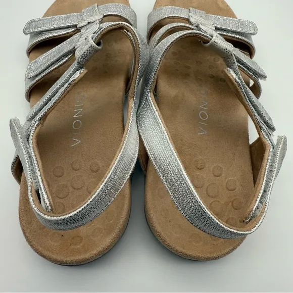 Vionic Amber Sandal Silver Metallic Linen Size 8 Strappy Adjustable