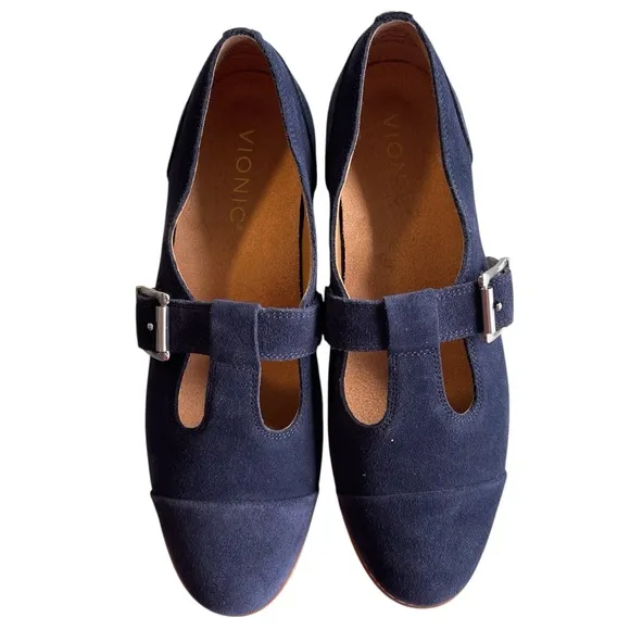 Vionic Carmen T-Strap Navy Blazer Suede Leather Loafers 6.5