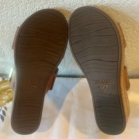 Vionic Chestnut Embossed Leather Pepper Wedge Slip-On Sandals