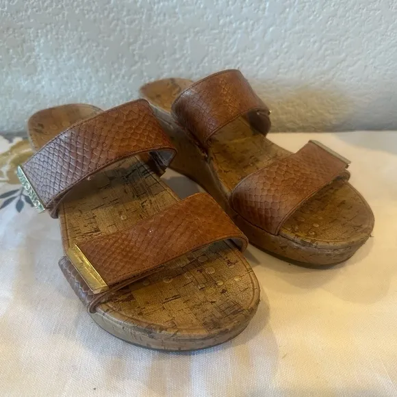 Vionic Chestnut Embossed Leather Pepper Wedge Slip-On Sandals