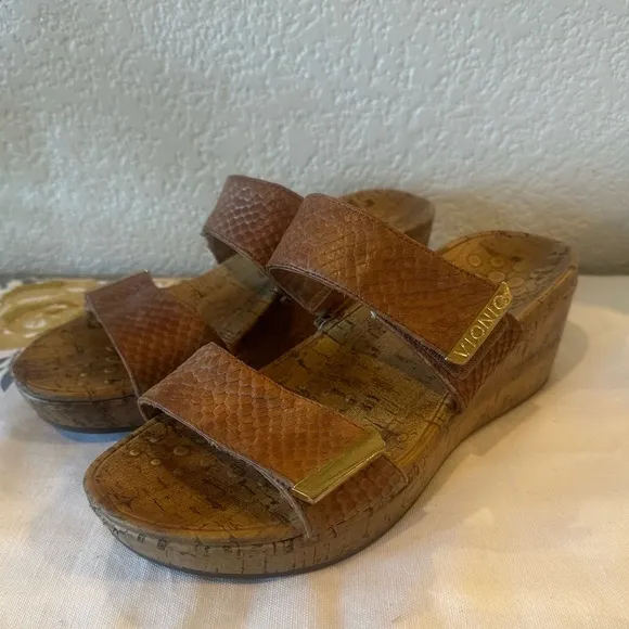 Vionic Chestnut Embossed Leather Pepper Wedge Slip-On Sandals