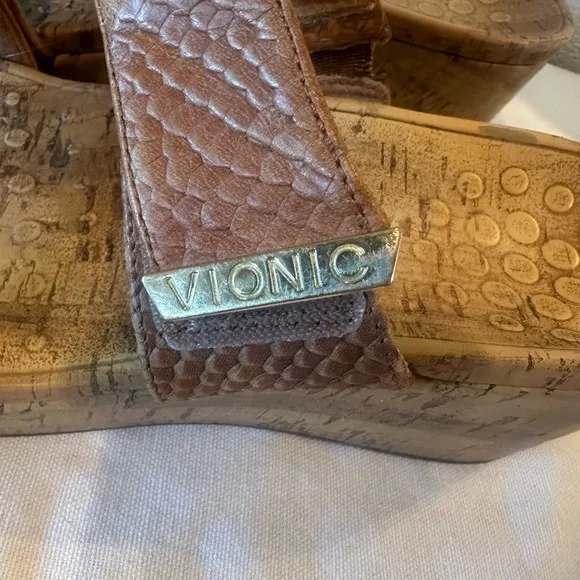 Vionic Chestnut Embossed Leather Pepper Wedge Slip-On Sandals