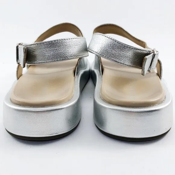 VIONIC Madera Silver Metallic Leather Slingback Wedge Sandals 9