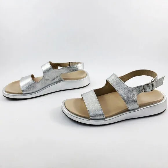 VIONIC Madera Silver Metallic Leather Slingback Wedge Sandals 9