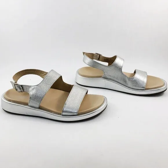 VIONIC Madera Silver Metallic Leather Slingback Wedge Sandals 9