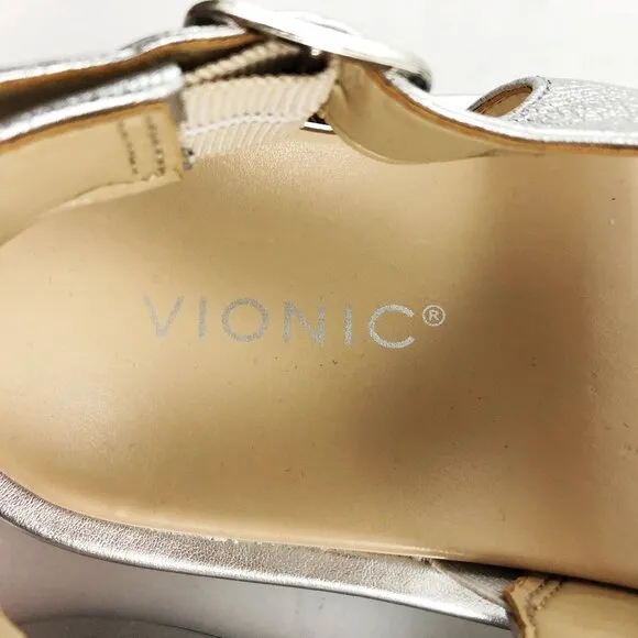 VIONIC Madera Silver Metallic Leather Slingback Wedge Sandals 9