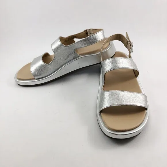 VIONIC Madera Silver Metallic Leather Slingback Wedge Sandals 9