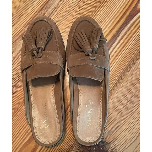 Vionic Size 6.5 Toffee Reagan Nubuck Leather Mules Tassel Slip On Loafer Comfort