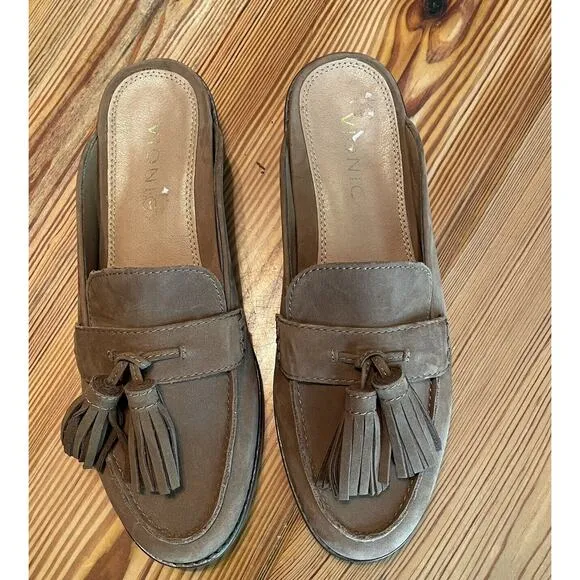 Vionic Size 6.5 Toffee Reagan Nubuck Leather Mules Tassel Slip On Loafer Comfort