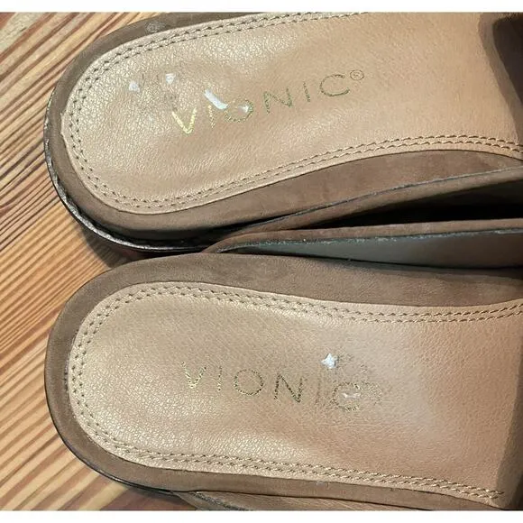 Vionic Size 6.5 Toffee Reagan Nubuck Leather Mules Tassel Slip On Loafer Comfort