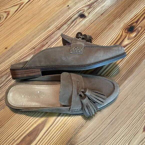 Vionic Size 6.5 Toffee Reagan Nubuck Leather Mules Tassel Slip On Loafer Comfort
