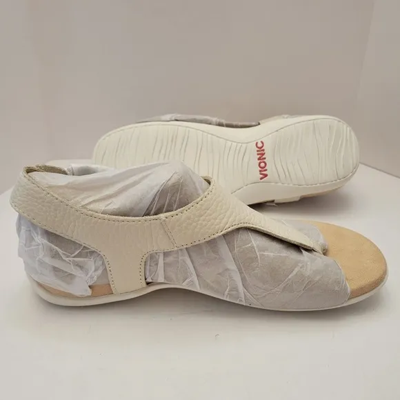Vionic Terra Sandals Women's Size 7 Cream Leather Thong Slip On Slingback Shoes