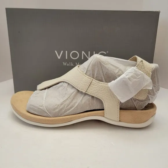 Vionic Terra Sandals Women's Size 7 Cream Leather Thong Slip On Slingback Shoes