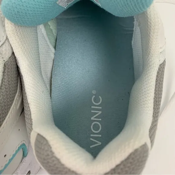 VIONIC Walking Classic Leather Sneakers White Aqua Blue Size 8.5 Medium