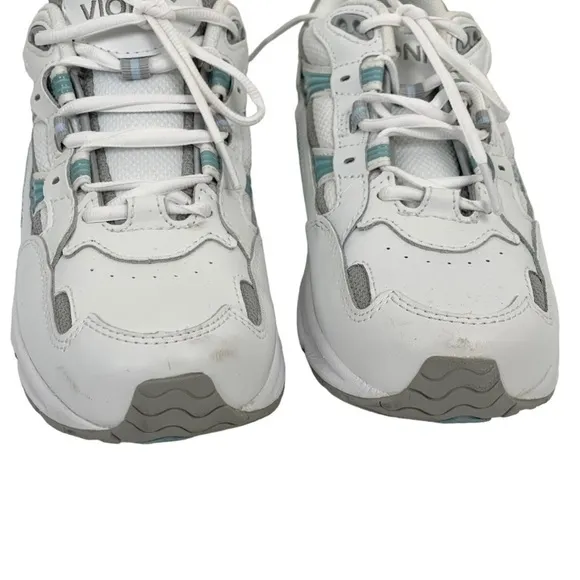 VIONIC Walking Classic Leather Sneakers White Aqua Blue Size 8.5 Medium