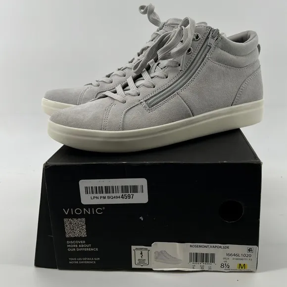 Vionic Women 8.5 Rosemont Suede Side-Zip Casual Sneakers Vapor Grey Arch Support