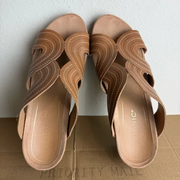 Vionic Women's Malorie Raffia-Wrapped Wedge Sandals Leather Upper Tan Size 10