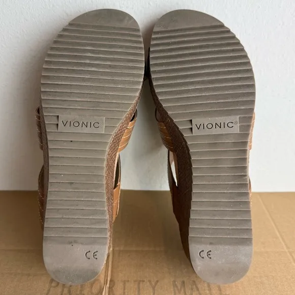 Vionic Women's Malorie Raffia-Wrapped Wedge Sandals Leather Upper Tan Size 10