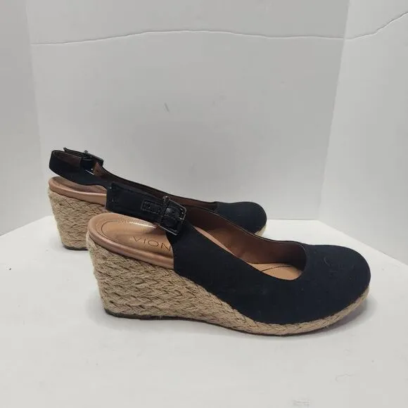 Vionic Womens Coralina Espadrille Black 2.5in. Wedge Slingback Sandals Size 7