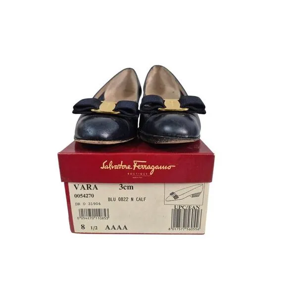 VTG Salvatore Ferragamo Low Heels Shoes Boutique Vara Blue Calf Sz 8.5 AAAA