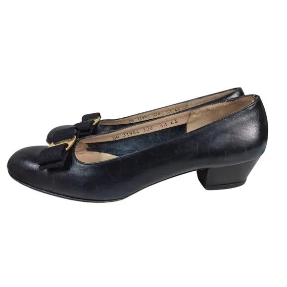 VTG Salvatore Ferragamo Low Heels Shoes Boutique Vara Blue Calf Sz 8.5 AAAA