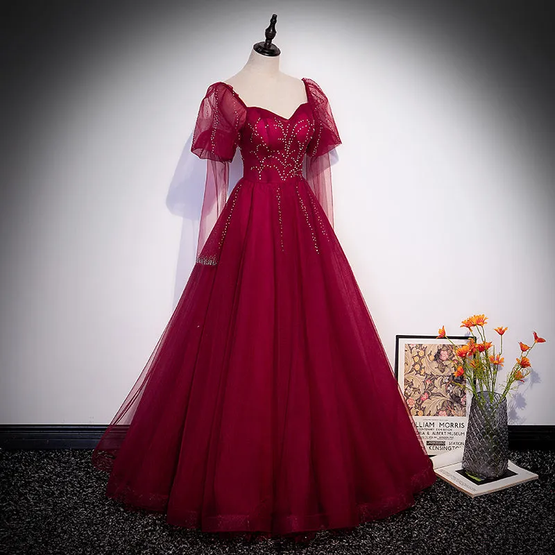 Wine Red Tulle Long Sleeves A-line Party Dress Prom Dress, Burgundy Tulle Evening Dresses