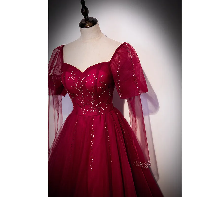 Wine Red Tulle Long Sleeves A-line Party Dress Prom Dress, Burgundy Tulle Evening Dresses