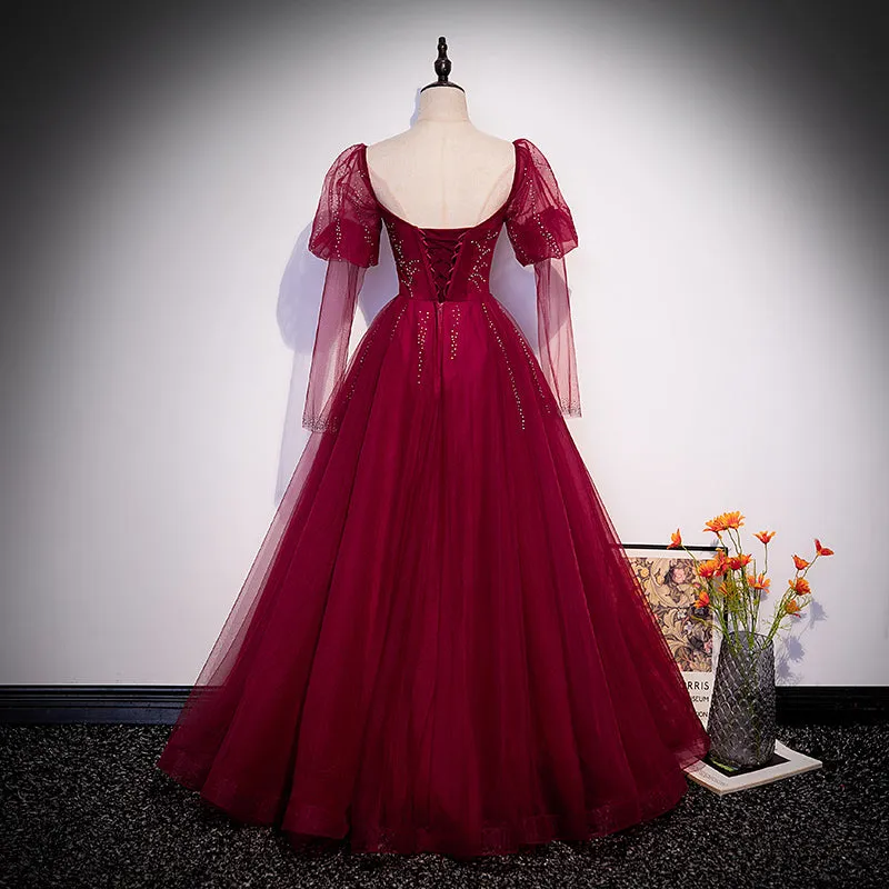 Wine Red Tulle Long Sleeves A-line Party Dress Prom Dress, Burgundy Tulle Evening Dresses