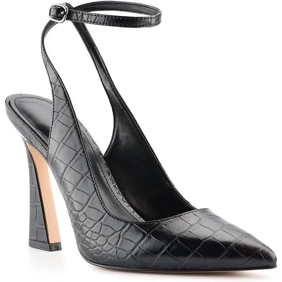 Women Black Closed Toe Ankle Strap Heels Toe Pumps Shoes Slingback High Shoes