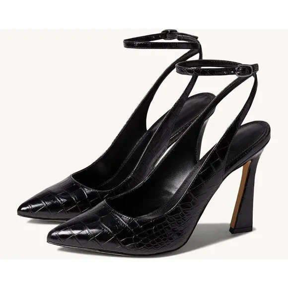 Women Black Closed Toe Ankle Strap Heels Toe Pumps Shoes Slingback High Shoes