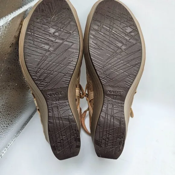 Women's NAOT Deluxe Wedge Sandals Cut Out Leather Metallic Tan Size 37 US 6-6.5
