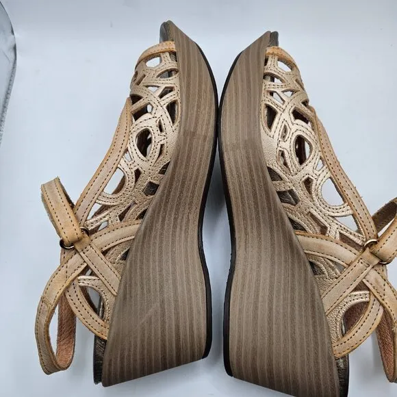 Women's NAOT Deluxe Wedge Sandals Cut Out Leather Metallic Tan Size 37 US 6-6.5