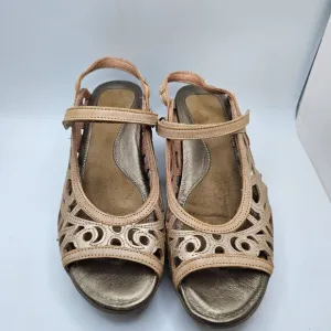 Women's NAOT Deluxe Wedge Sandals Cut Out Leather Metallic Tan Size 37 US 6-6.5