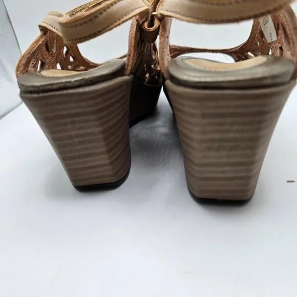 Women's NAOT Deluxe Wedge Sandals Cut Out Leather Metallic Tan Size 37 US 6-6.5