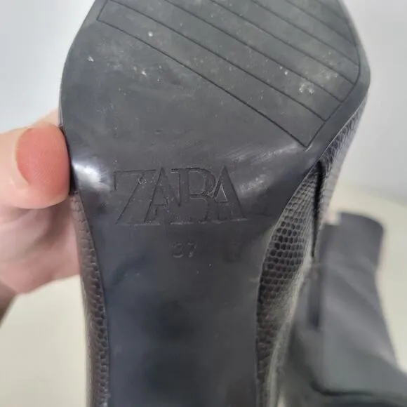 Zara Black Leather Snake Print Embossed Square Toe Heeled Zip Up Boots Size 6.5