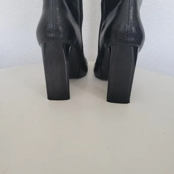 Zara Black Leather Snake Print Embossed Square Toe Heeled Zip Up Boots Size 6.5