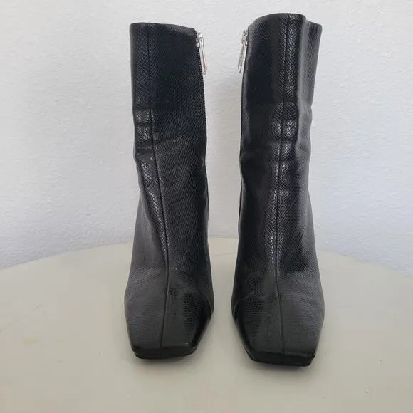 Zara Black Leather Snake Print Embossed Square Toe Heeled Zip Up Boots Size 6.5