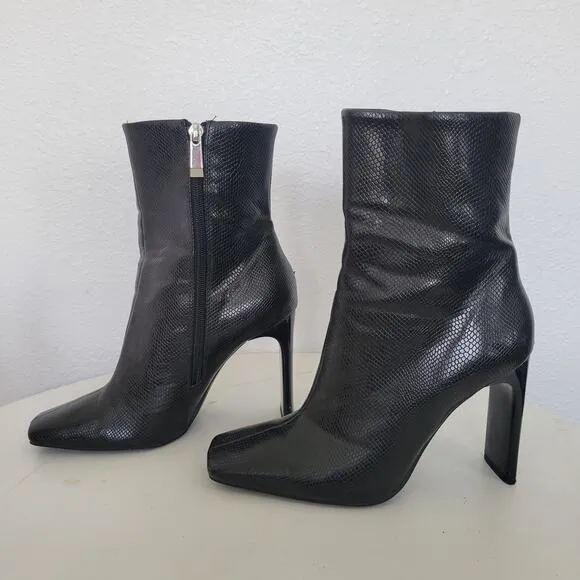 Zara Black Leather Snake Print Embossed Square Toe Heeled Zip Up Boots Size 6.5
